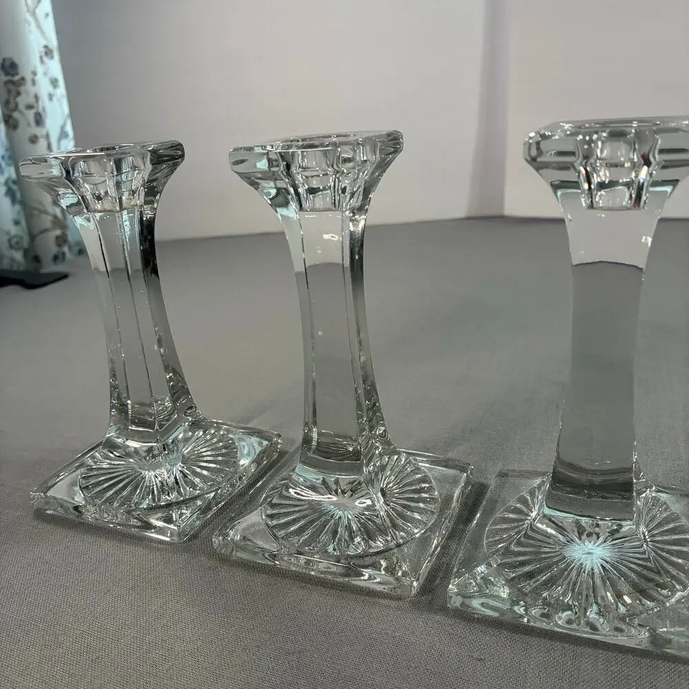 Vintage Clear Glass Candlestick Holders Set of 3 Square Base Taper Candle Holder